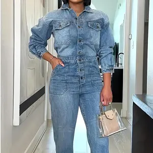 Fall?fashion?must?haves Light Blue Denim Long Sleeve Jumpsuit Collared Button Down Multi Pocket Bodycon Womenswear Casual Stretchy Fit