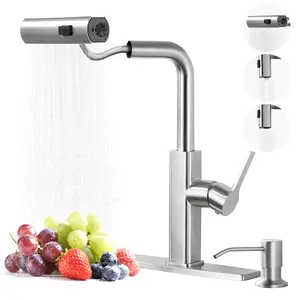 WOWOW Single Handle Stainless Steel 3-Mode Waterfall Pull Down Sprayer Kitchen Faucet with Soap Dispenser in Brushed Nickel