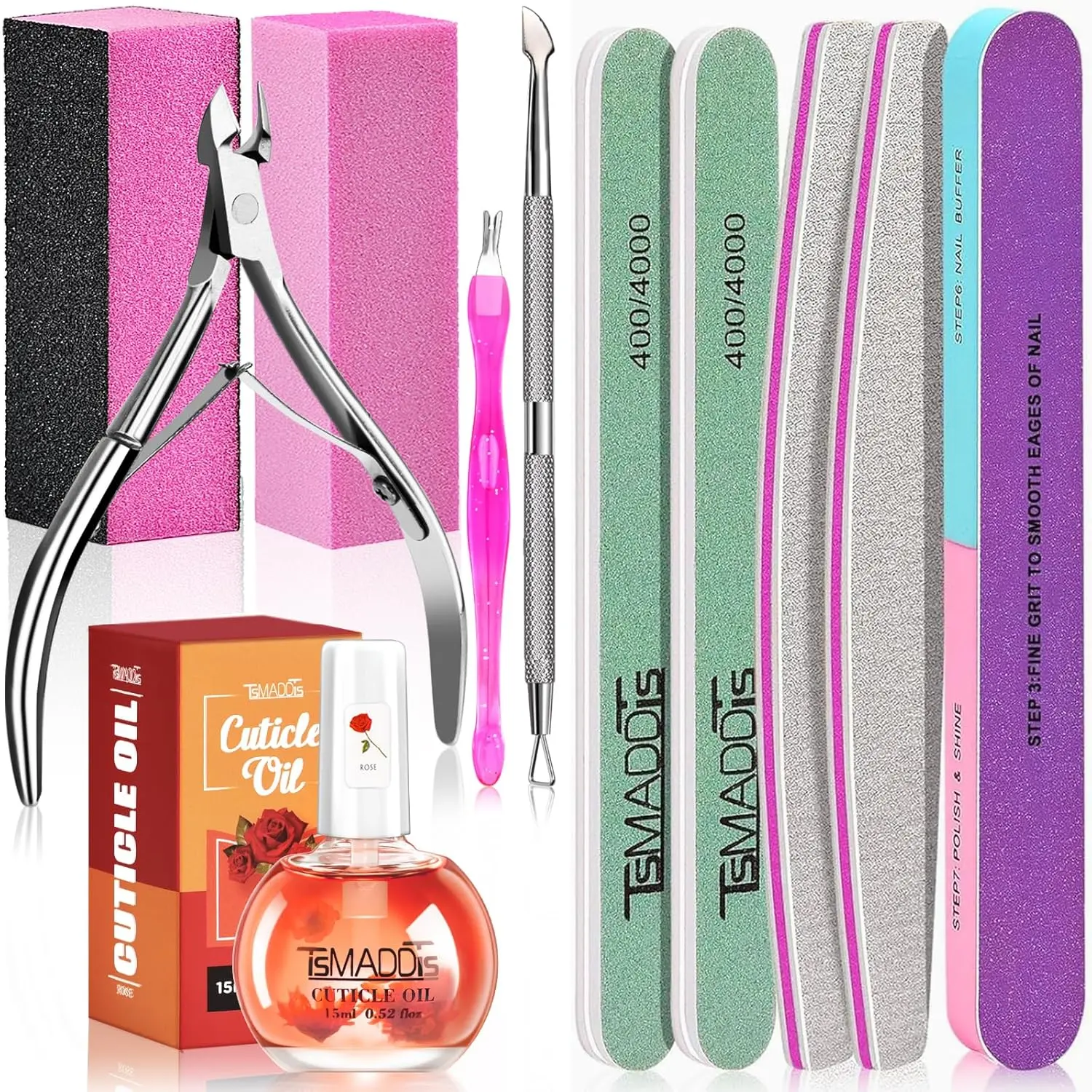 TsMADDTs Manicure Tools Kit Nail Care Kit with 3 pcs Files, 2 pcs Buffer Blocks, 2 Polishing Buffers, Cuticle Nipper, Pusher and Cuticle Oil