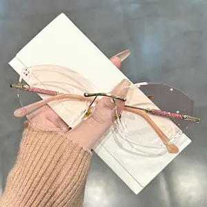 Cat Eye Rimless Reading Glasses Pink Gradient Presbyopic Glasses Glitter Rhinestone Readers For Women +1.0 To +4.0 Myopic and farsighted reading glasses Eyeglasses Cosmetic
