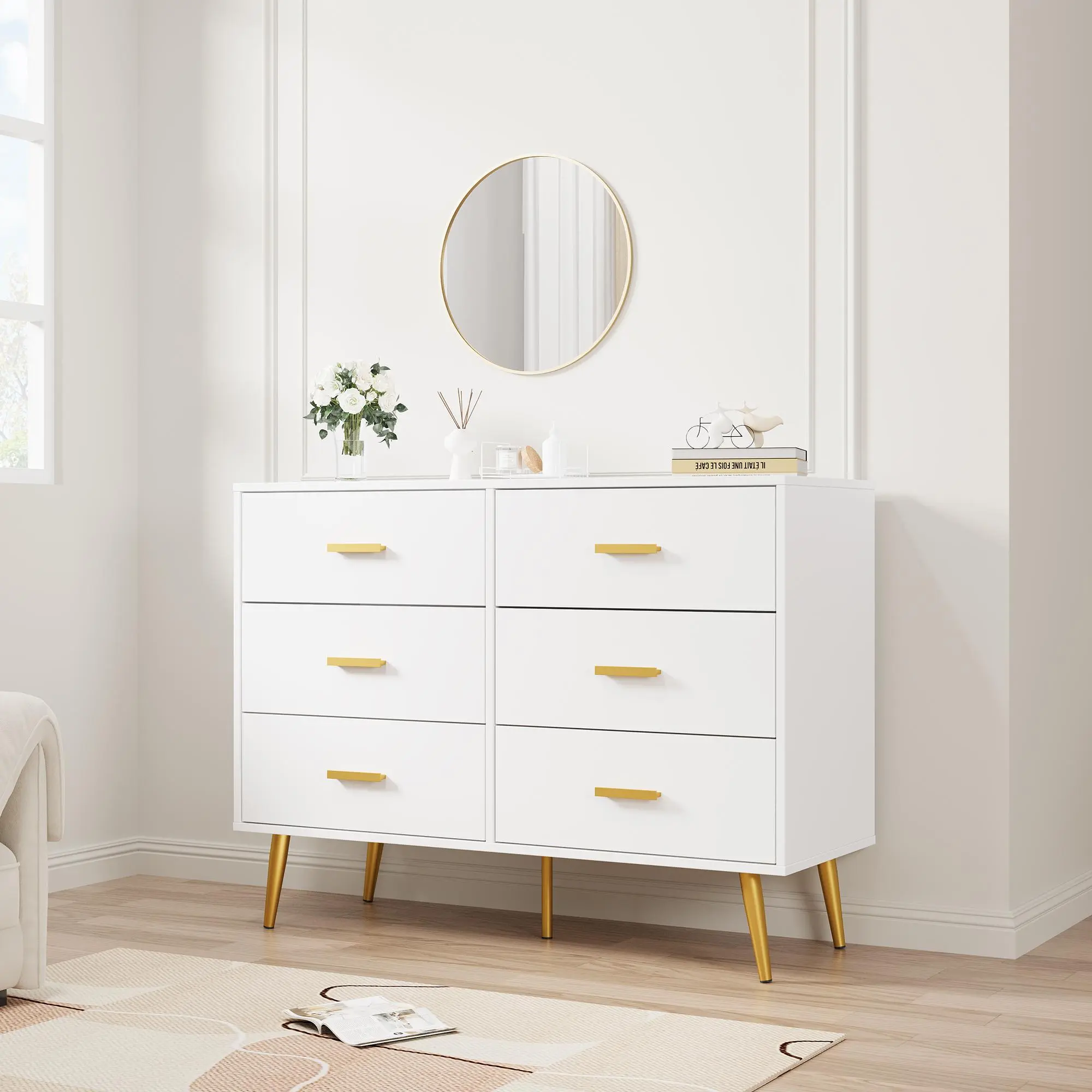 Großzügiger Storage Space & elegantes Design  -  6-Drawers-Chest of Drawers aus Wood  -  weiße Chest of Drawers with Gold Griffen, tiefe Drawers & stabile Verarbeitung, ideal for Schlafzimmer, Flur,