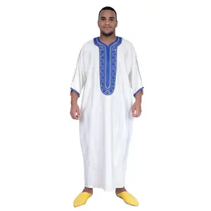 Treasures Of Morocco Moroccan Men Kaftan Handmade Thobe Long Gown White With Delicate Blue Embroidery