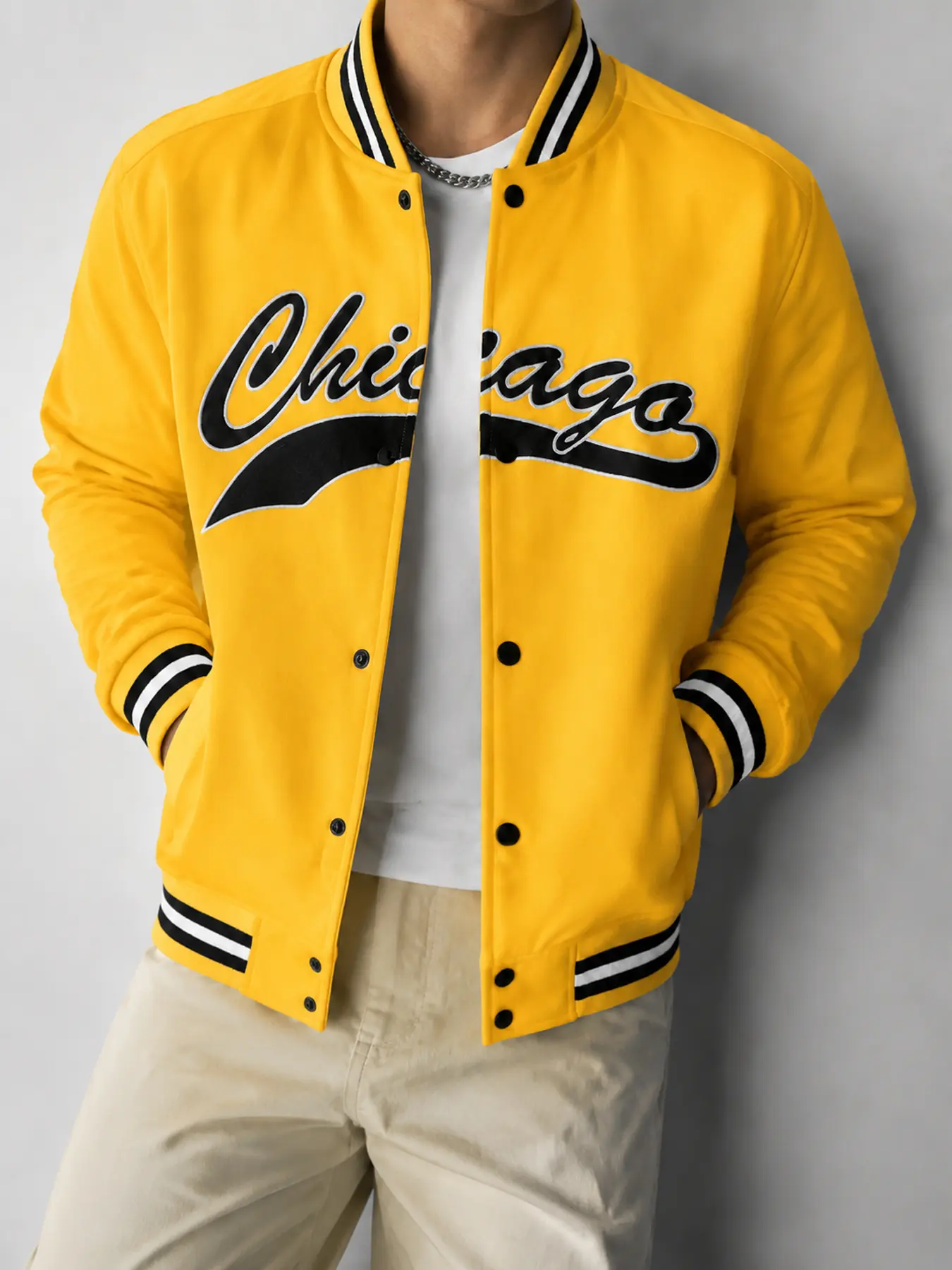 Men's Classic Plain Stylish Menswear Letterman Jacket - Back-to-School Coats with Snap-Button Closure, Striped Ribbed Cuffs, Striped Ribbed Hem, Baseball Collar, Casual Design