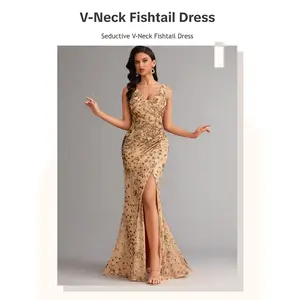 Women’s mermaid evening dress with contrast sequins, thigh slit, wrap design; elegant sleeveless bodycon maxi dress with a V-neck for parties and wedding guests; ladies’ summer clothing