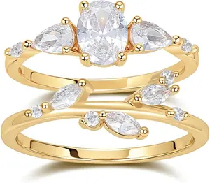 Modern Wedding Ring Stack | Three Stone CZ Engagement Ring | Women's 14K Gold Leaf Vine Wedding Band | Cubic Zirconia Bridal Set - Anniversary