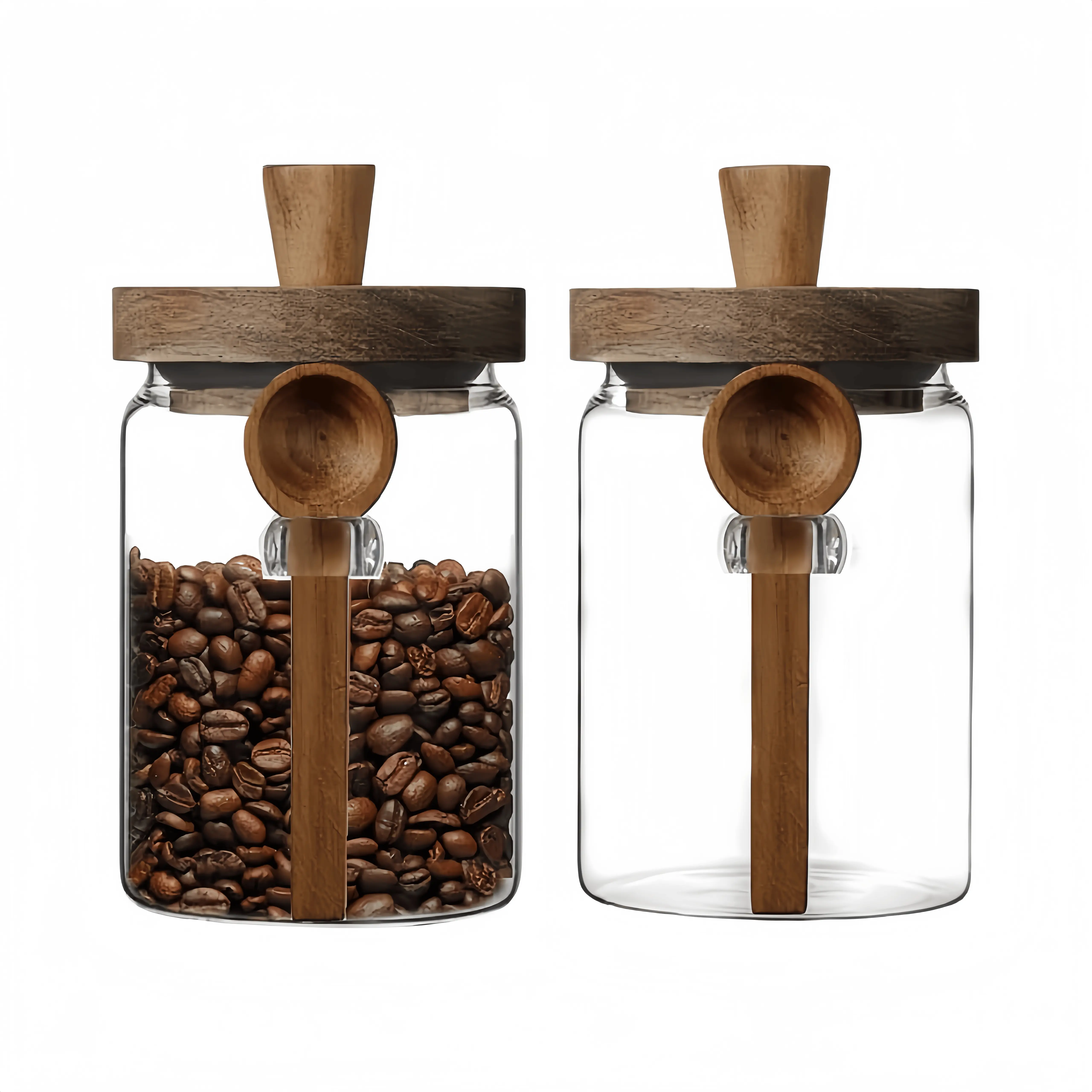 1/2 Pack 20.3oz Glass Food Storage Jars with Bamboo Wood Lid & Spoon Airtight Reusable Containers for Coffee Tea Cereal Spice Transparent Kitchen Utensils Mother's Day Gifts High-Quality Borosilicate Glass Temperature Resistant - Wooden