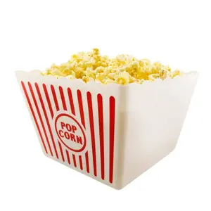Plastic Red & White Striped Classic Popcorn Containers for Movie Night - 9.25" Square x 5.9" Deep