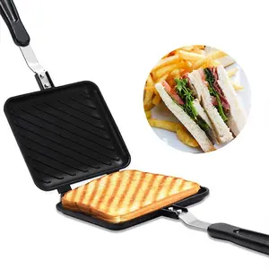 Double Sided Frying Pan, Aluminum Alloy Sandwich Pan Breakfast Double Sided Frying Pan Flat Bottom Nonstick Sandwich Panini Maker Pan for Toaster Breakfast Omelette, Pattern Grid