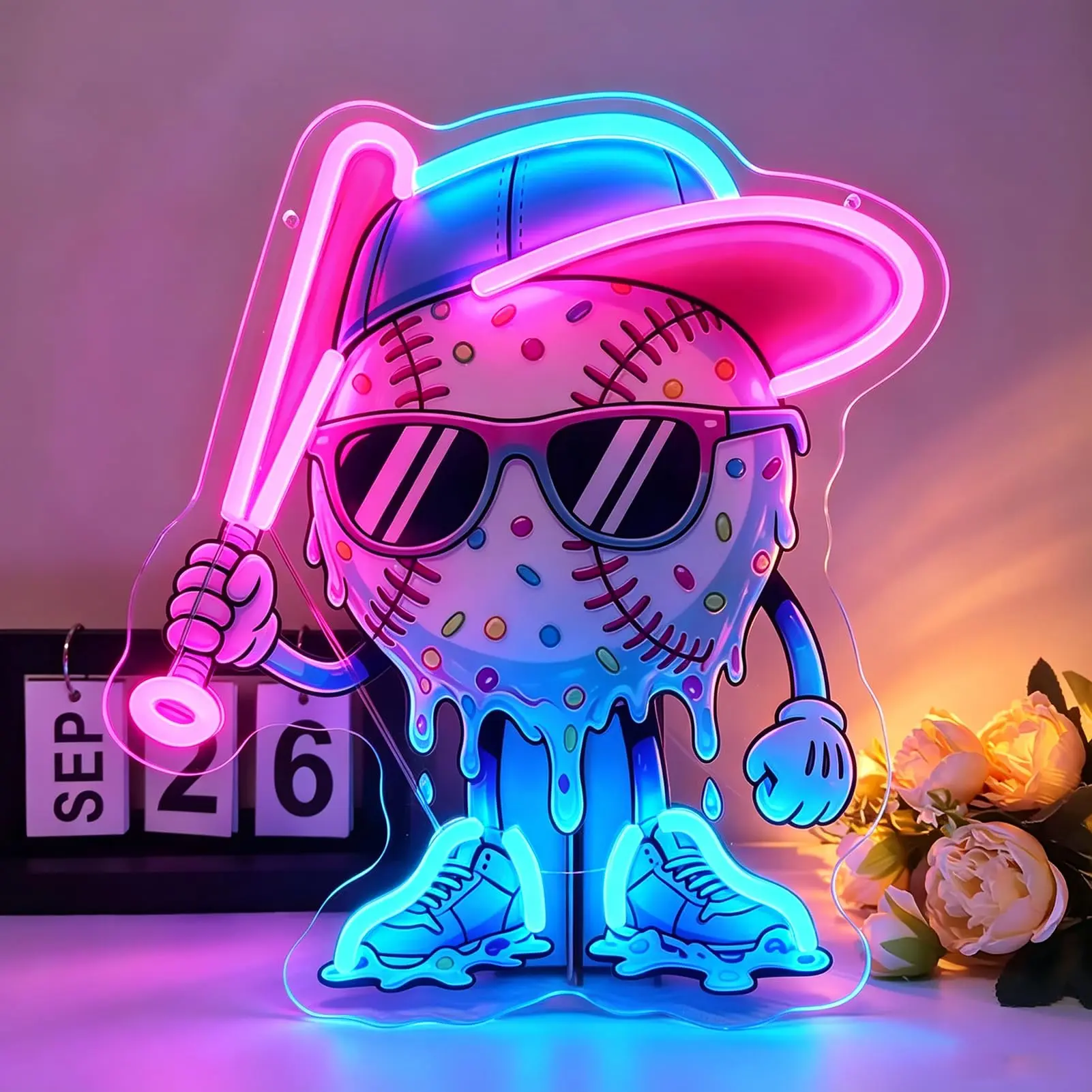Baseball Neon Sign for Bedroom, LED Baseball Wall Decor with Cool Cartoon Light Sign, USB Powered Night Light for Boys Room Sport Club Bar Baseball Game Room Man Cave Decor