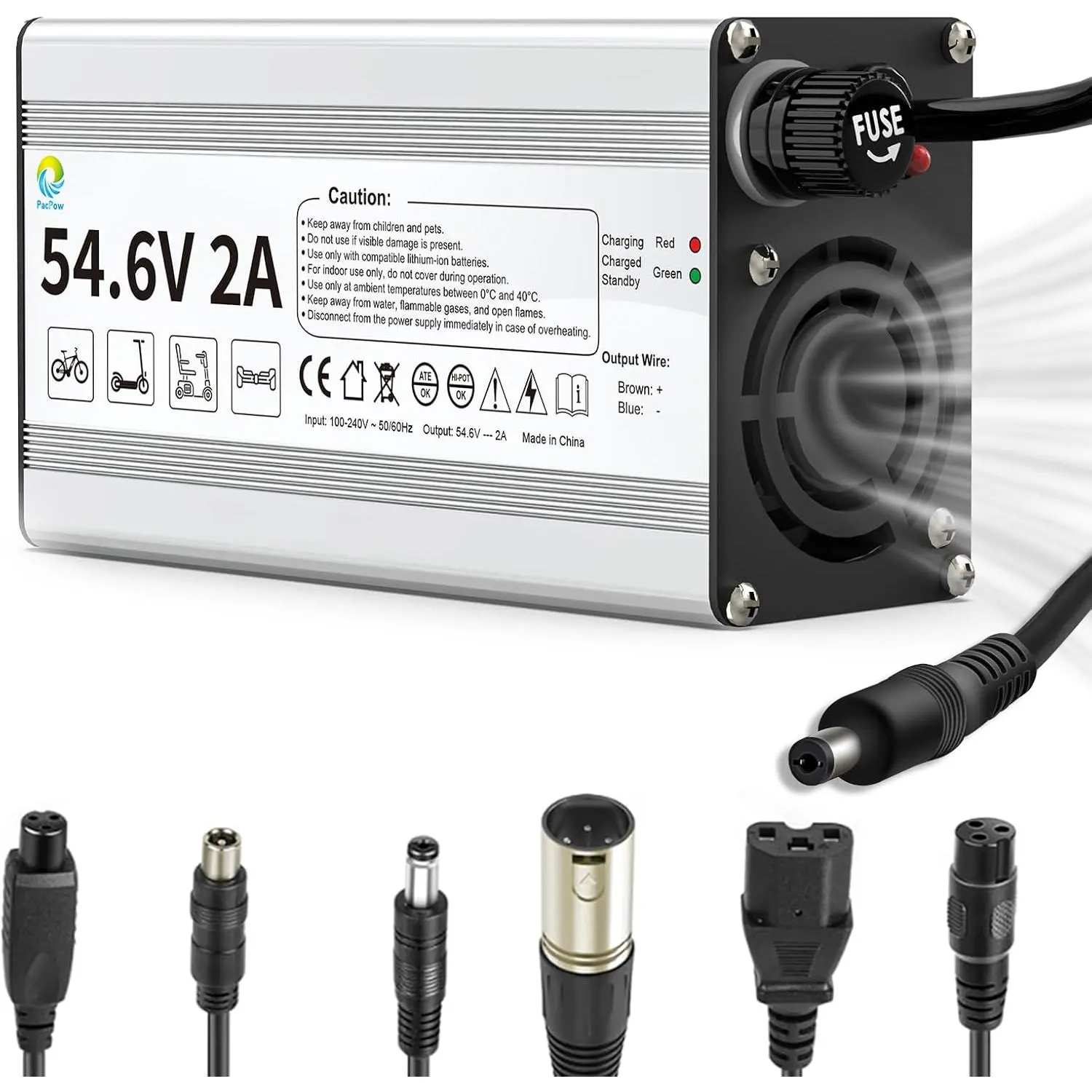 Universal Fit Replacement Charger - 54.6V 2A, 7 Cables, Compatible with 48V Lithium Ion Batteries, Ebikes, Scoots, Hoverboards