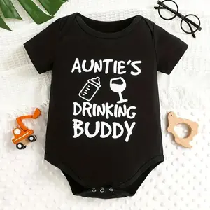 Auntie's Drinking Buddy Cotton Bodysuit for Youngsters - Casual Short Sleeve, Machine Washable, Fun Print, Perfect for Outdoor Activities