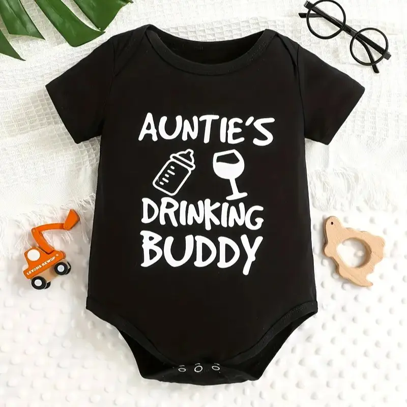 Unisex Cotton Bodysuit with Auntie's Drinking Buddy Lettering - Short-Sleeve, Tagless Design, Expandable Shoulders, Easy-Change Snaps, Auntie's Drinking Buddy Print, Baby, Machine Wash, Crew Neck, Fitted