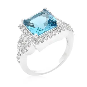 212 MAIN Women's Aqua Blue Princess Cut Cocktail Ring, Halo Style with Cubic Zirconia, Rhodium-Plated, Water Sports Suitable, Size 10, Female