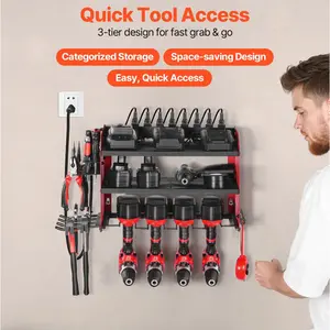 VEVOR Power Tool Organizer with Charging Station, 3-Layer Drill Storage Rack with 4 Drill Holders & Side Pegboard, Garage Tool Organizer Built in 8 Outlet Power Strips for Garage, Workbench, Workshop