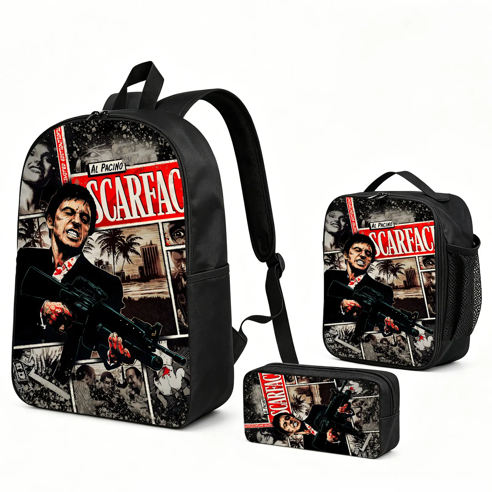 Scarface 3pcs Unisex Set Pack - Durable Backpacks for School, Casual Zipper Laptop Travel Daypack with Vibrant Print, Insulated Lunch Tote & Pencil Bag, Gift for Teens Fans e-150