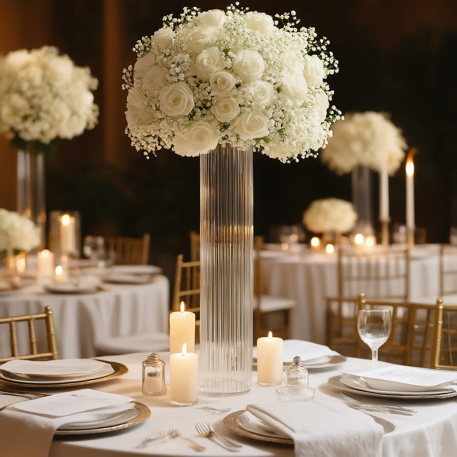 32" Ribbed Cylinder Floor Vases 2 Pack – Tall Clear Glass Vases for Event Aisles, Entryways & Wedding Decor