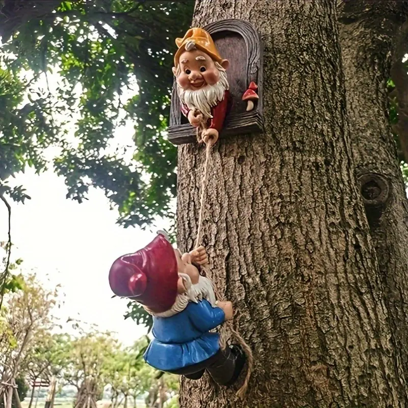[2-piece Set] Tree Dwarf Climbing Figurine, Outdoor Sculpture, Courtyard Garden/Terrace Wall Decoration, Mother's Day/Christmas Gift, Garden Dwarf Wall Hanging + Outdoor Decorative Accessory