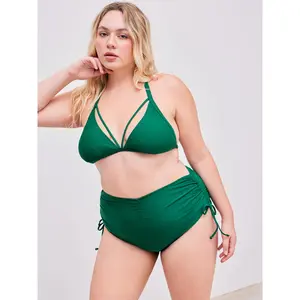 Cider Shaping Halter Solid Drawstring Cheeky Bikini Swimsuit Curve & Plus