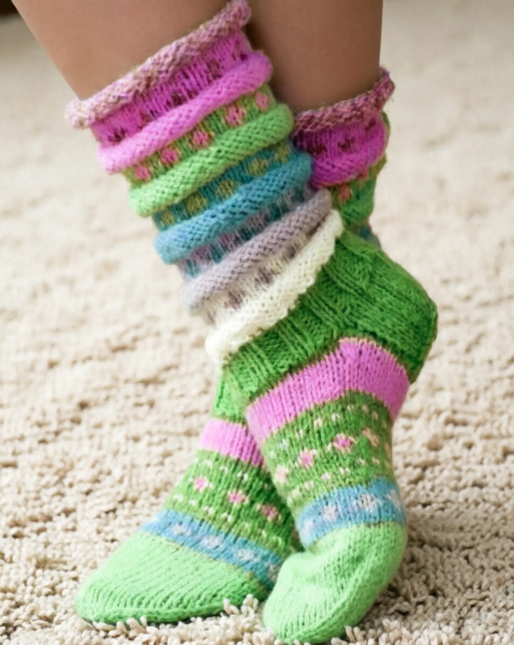 Women's Color-Blocked Striped Mid-Calf Knit Socks - Ribbed, Warm Lounge Underwear Socks