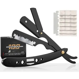 Professional Barber Straight Razor for Men – Black Straight Edge Razor with 100 Safety Blades Included