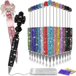 45 Pcs Full Rhinestone Beadable Pens Bulk Set 15 Glitter Diamond Pens with Cards & Bags Fancy Beaded Pen for Beads DIY Cute Journalling Bling Ballpoint Craft Making(Full Diamond)