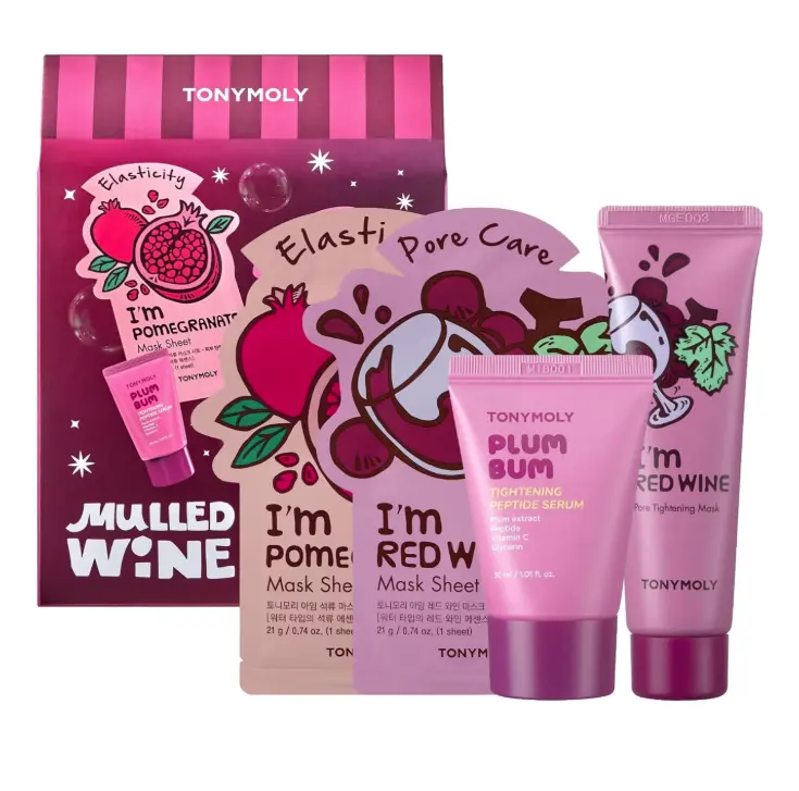 TONYMOLY Mulled Wine Mask & Body Serum Set – Holiday Skincare Gift, Secret Santa Gift, or White Elephant Exchange Idea, 4-Piece Hydrating & Pore Refining Set