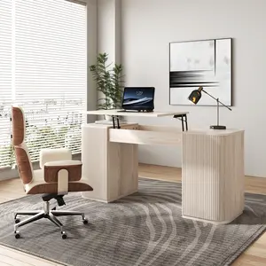 Homary Modern 60" Whitewash Standing Office Desk with 2-Door Storage Cabinet
