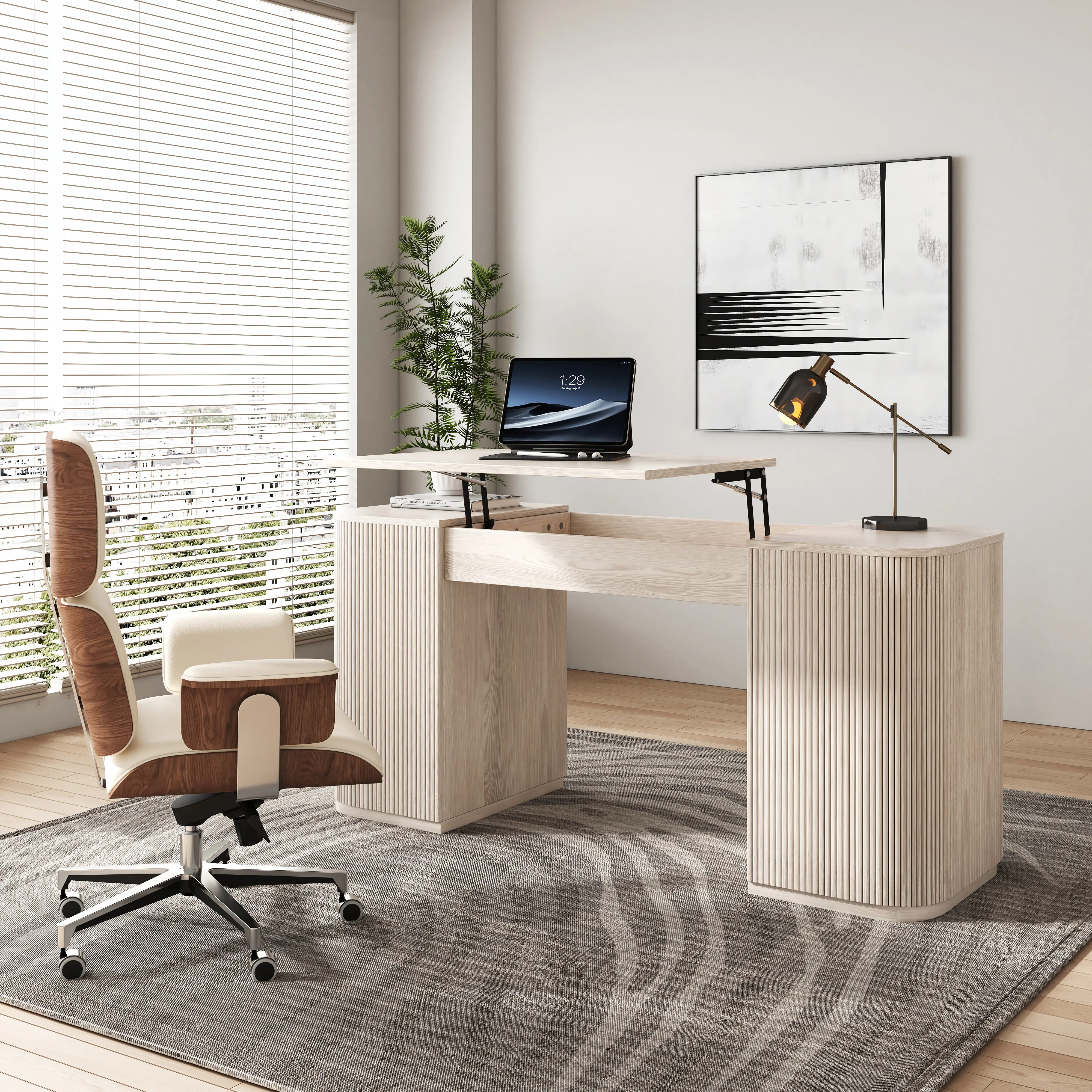 Homary 60" Whitewash Minimalist Modern Standing Office Desk with 2-Door Storage Cabinet, Adjustable Flexible Height-Adjustable Mechanical Lift Desk, Adjustable Desks, Flexible Desks