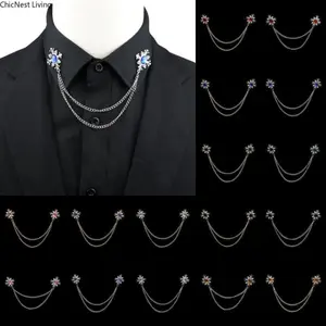 Fashion Gentleman Tassel Brooch For Men Suit Shirt Collar Crystal Cross Chain Lapel Pin Rhinestone Retro Wedding Accessories