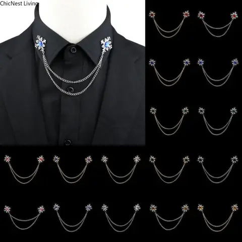 Fashion Gentleman Tassel Brooch For Men Suit Shirt Collar Crystal Cross Chain Lapel Pin Rhinestone Retro Wedding Accessories