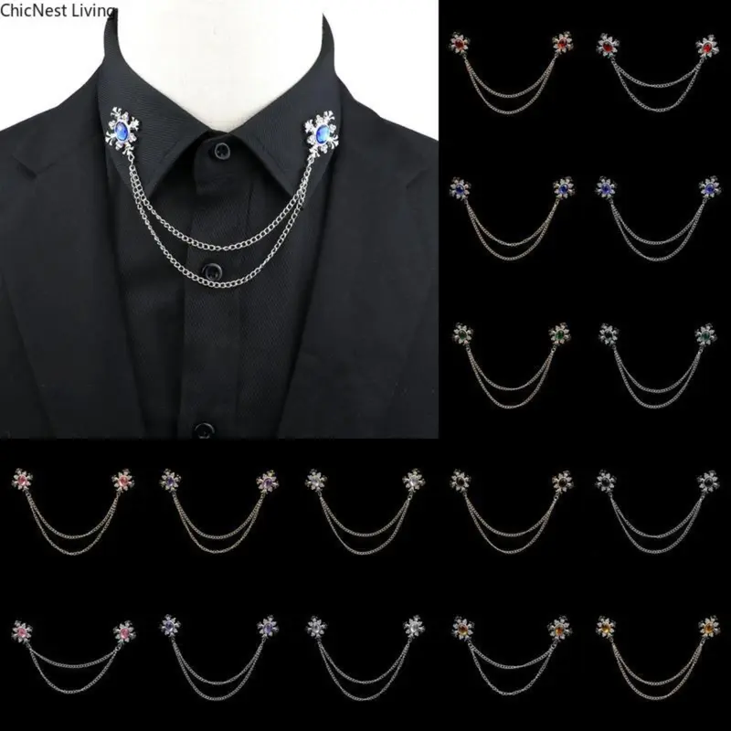 Fashion Gentleman Tassel Brooch For Men Suit Shirt Collar Crystal Cross Chain Lapel Pin Rhinestone Retro Wedding Accessories