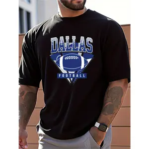 Men's Dallas Football Graphic T-Shirt - 100% Cotton Breathable Loose Fit Short Sleeve Tee with Sporty Print, Black & Blue/White Team Colors for Casual Summer Wear, Outdoor Activities & Football Fans, Sports Fan Apparel |   Sporty Design |   Comfortable Fa