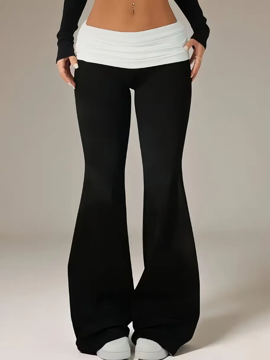 Women's casual flared trousers with a contrasting waistband.