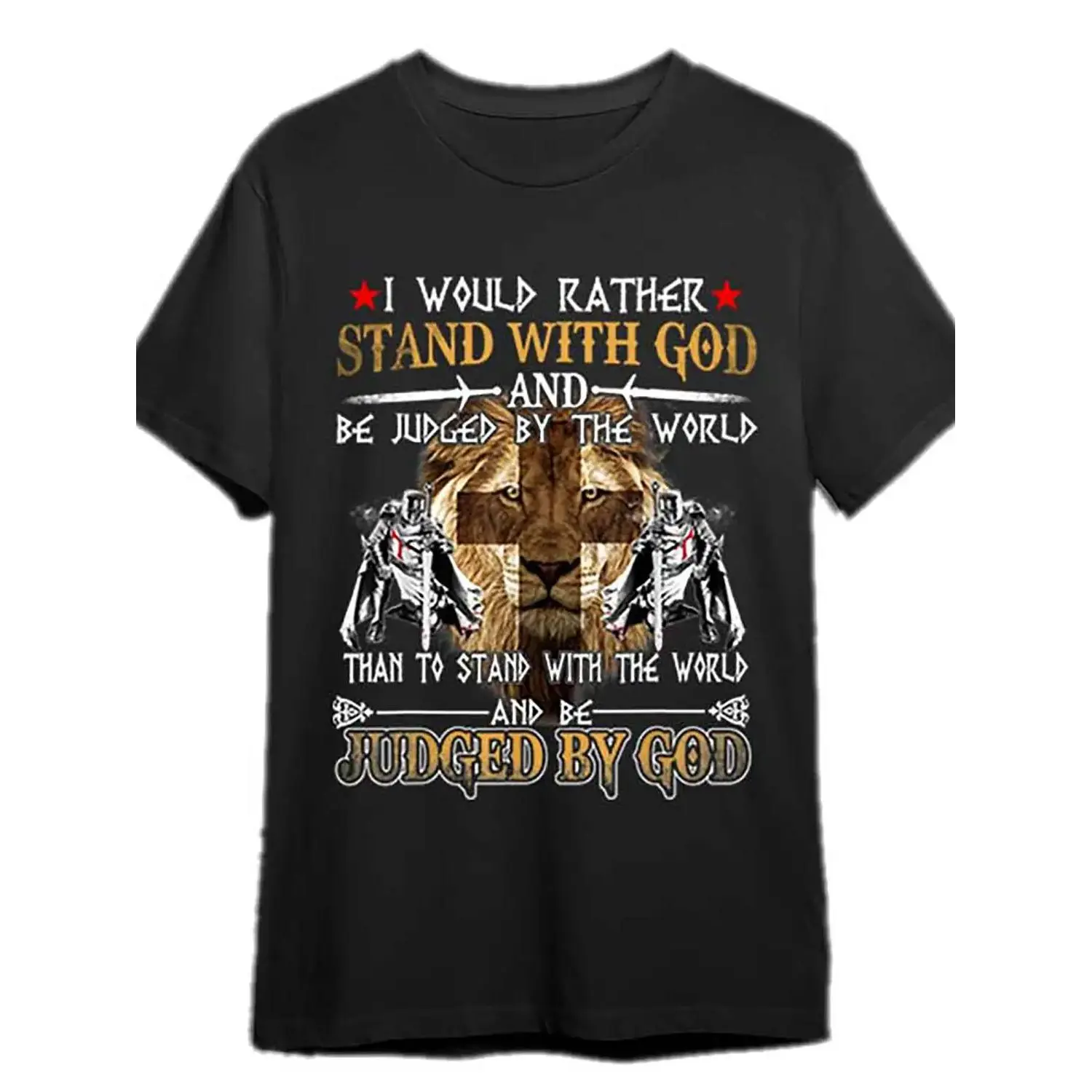 Men's "I'd Rather Be Judged By God" Knight Templar Christian Graphic T-Shirt - Lion & Cross Design, Bold Statement Tee, Short Sleeve Casual Round Neck, Machine Washable Black Shirt for Men