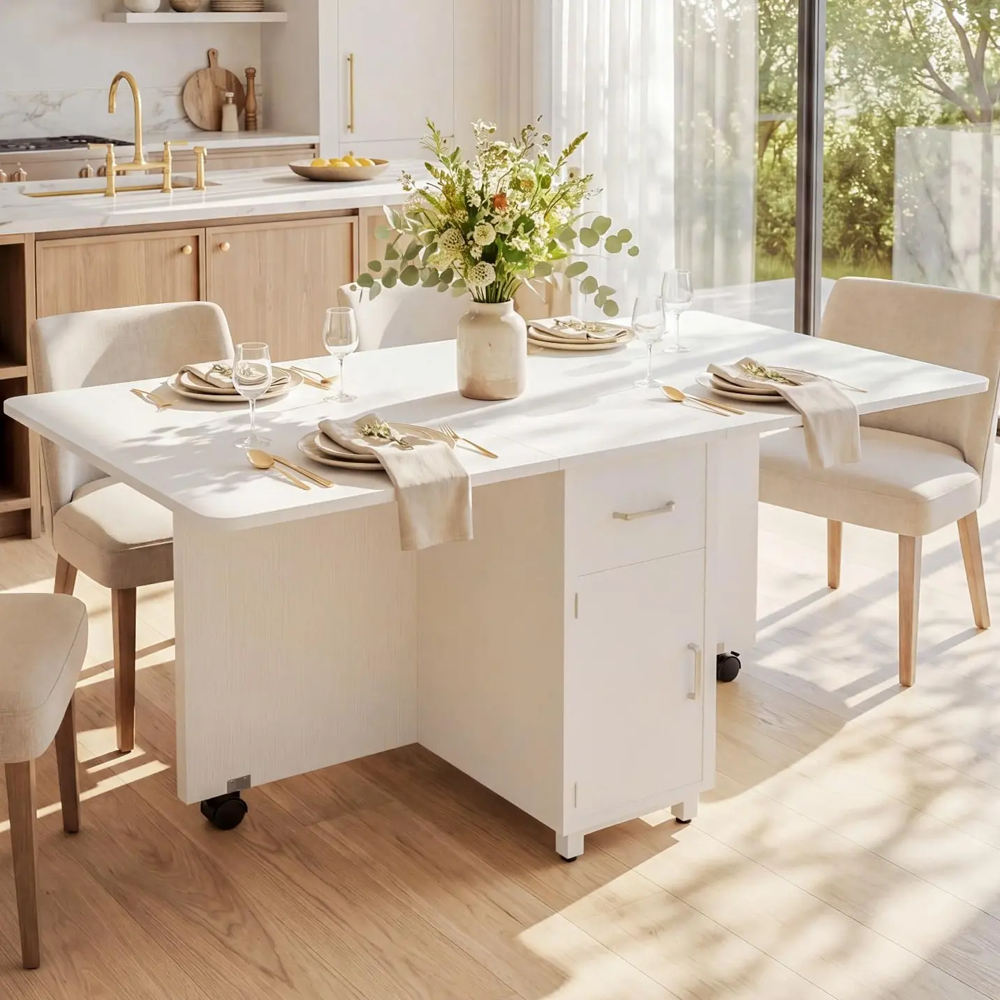 51 Inch Folding Dining Table with Wheels and Storage, 3-in-1 Drop Leaf Design Seats 4-6, Rolling Dining Table with Drawer & 2-Tier Shelves for Dining, Work, Compact Storage