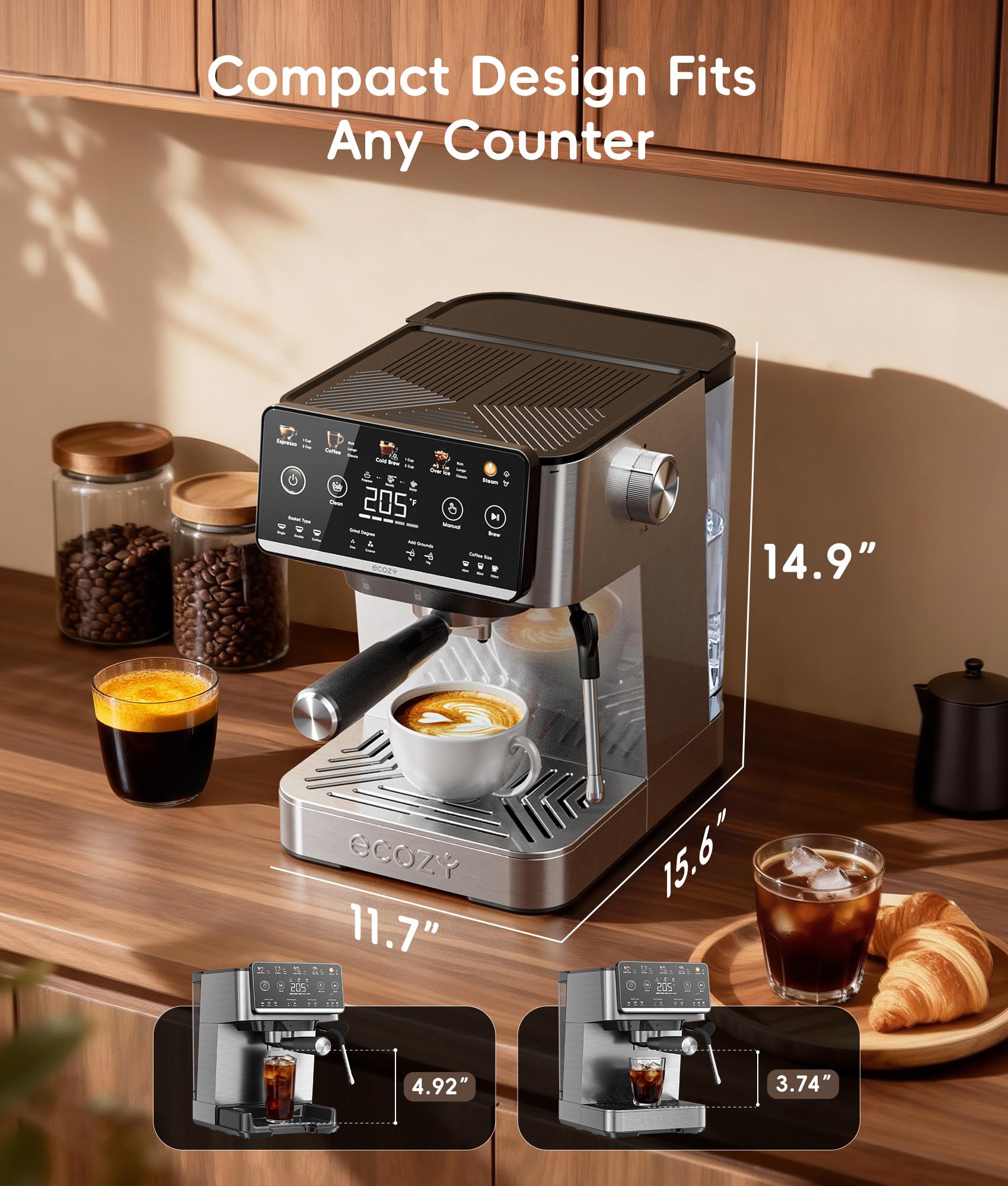 [Mother&rsquo;s Day] ecozy 4-in-1 Espresso Machine  LED Touch Screen, 20 Bar Pump - Home Coffee Bar, Drip Coffee, Cold Brew and Over lce Machine, Intergrated Milk Frother, Stainless Steel, Brezzano Elite Series for Cappuccinos, Lattes, Americanos