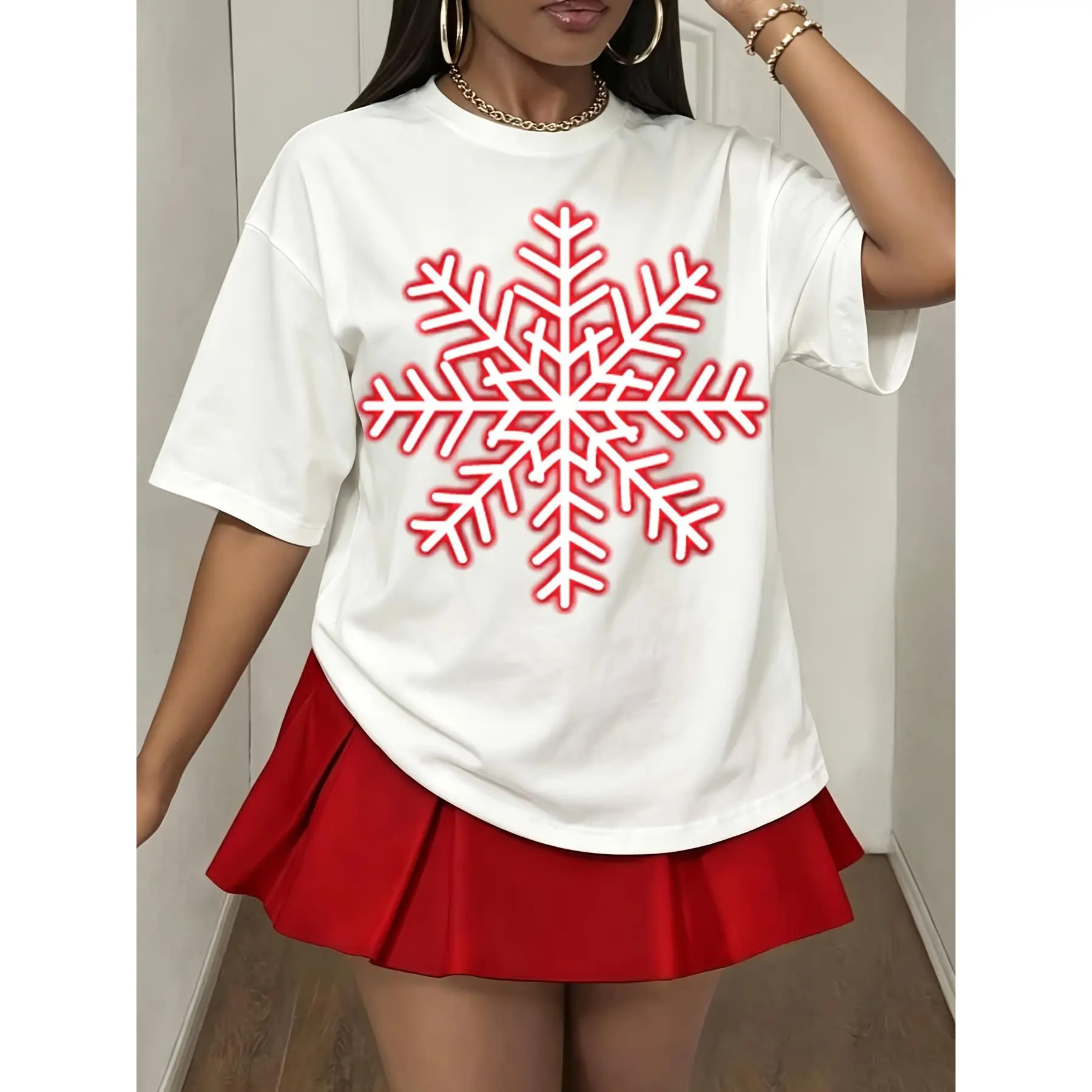 Women Christmas Snowflake Print T Shirt, Red Pleated Mini Skirt Set, Winter Holiday Party