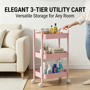 3-Tier Durable Metal Utility Rolling Heavy Duty Carbon Steel Cart, Multi-Functional Storage Trolley for Office, Living Room,Kitchen Storage Cart With Handle, Movable Storage Organizer Cart With Caster/Lockable Wheels And Double Armrest,easy assembly