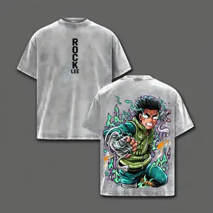 Anime Fan Hip Hop Retro Naruto Rock Lee Green Flame Chakra Graphic Crew Neck Gray Washed Cotton T Shirt Soft Oversized Top Suitable For Mens Party Gathering Travel Everyday Streetwear