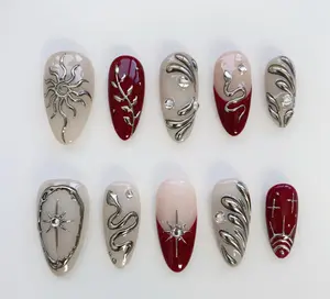 Ancora French red nails/Sun Star Press on nails short almond nails/silver 3d chrome nails/sun star nails/Burgundy snake nails Damontaerichmond