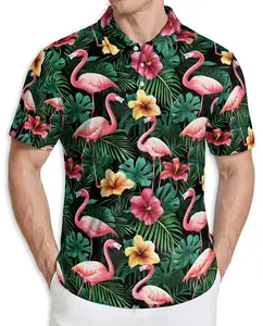 Flamingo Hibiscus Tropical Polo Shirt for Men, Fun Hawaiian Style, Casual Shirt for Summer