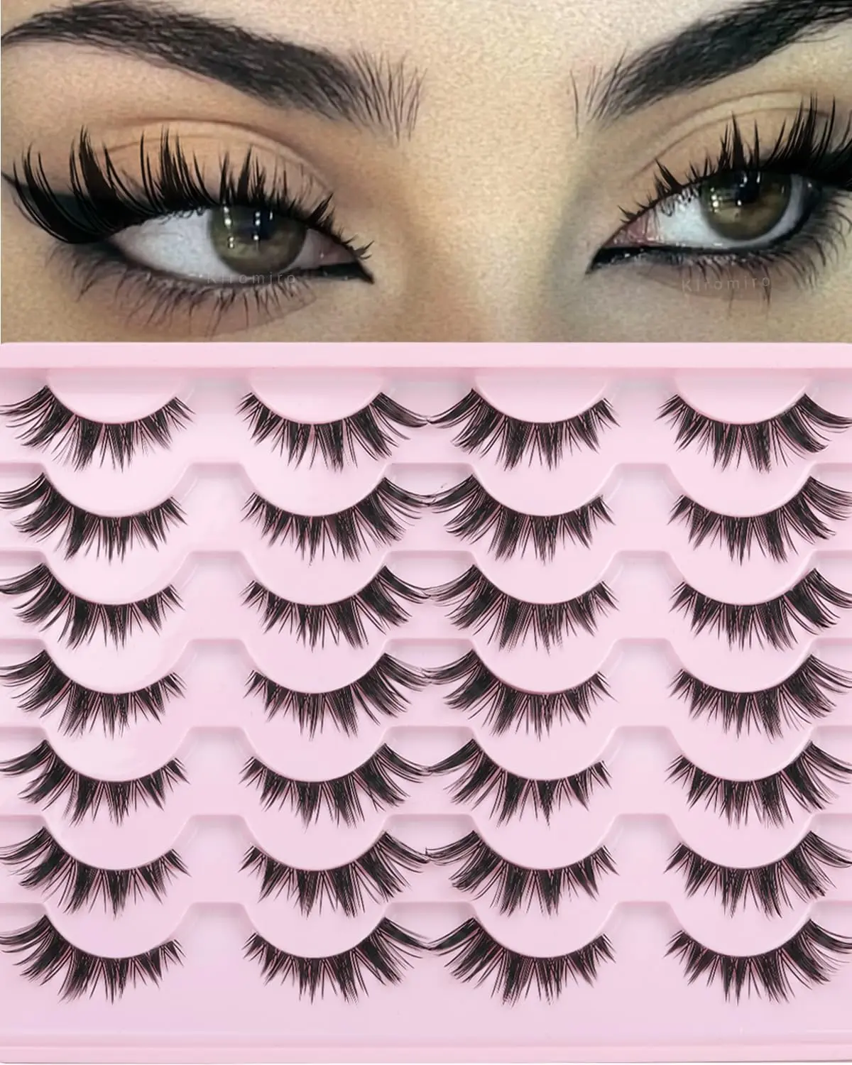 Kiromiro False Eyelashes Bunny Lashes Strips Spiky Eyelashes Natural Look Faux Mink Lashes C Curl 15mm Wispy Manga Lashes Clear Band soft Strip Eyelashes Pack for Goth Makeup, 14 Pairs