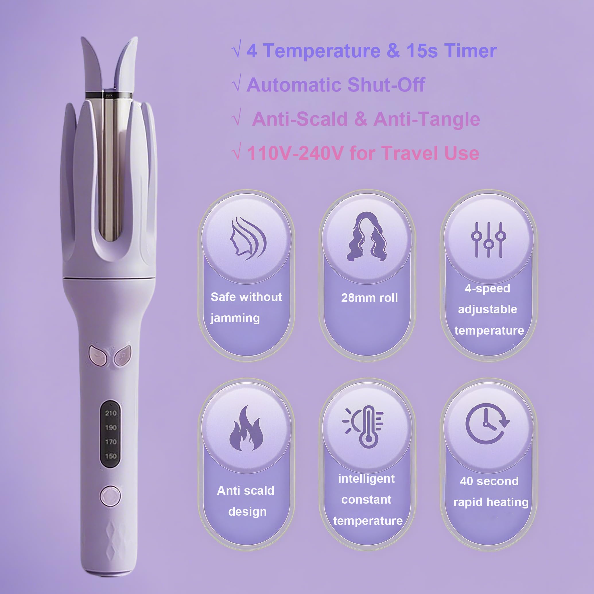 Ceramic Automatic Curler，Hair Curler Automatic Rotating Wand,Anti-Scald,Automatic Curling Iron with 4 Temperature，Automatic Shut-Off, Anti-Tangle Rotating Curling Wand for Hair Styling