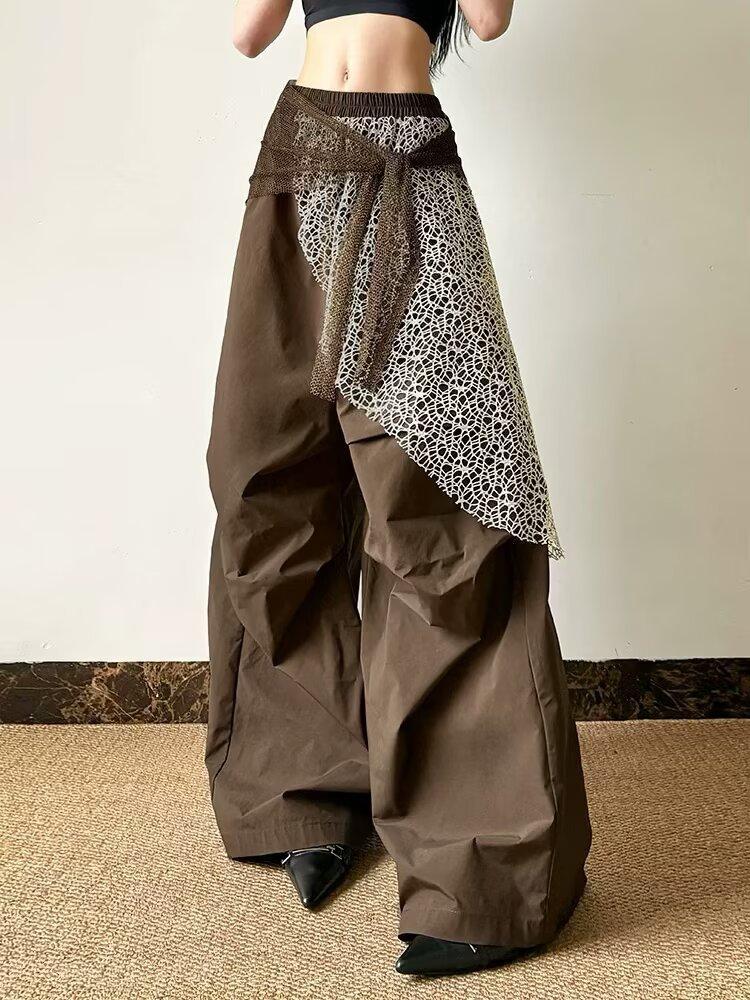 New Women's Streetwear-Style Faux Two-Piece Wide-Leg Pants Wrinkled Avant-Garde Design Slim-Fit Versatile Trousers Casual Cool-Gear for Everyday Street Style