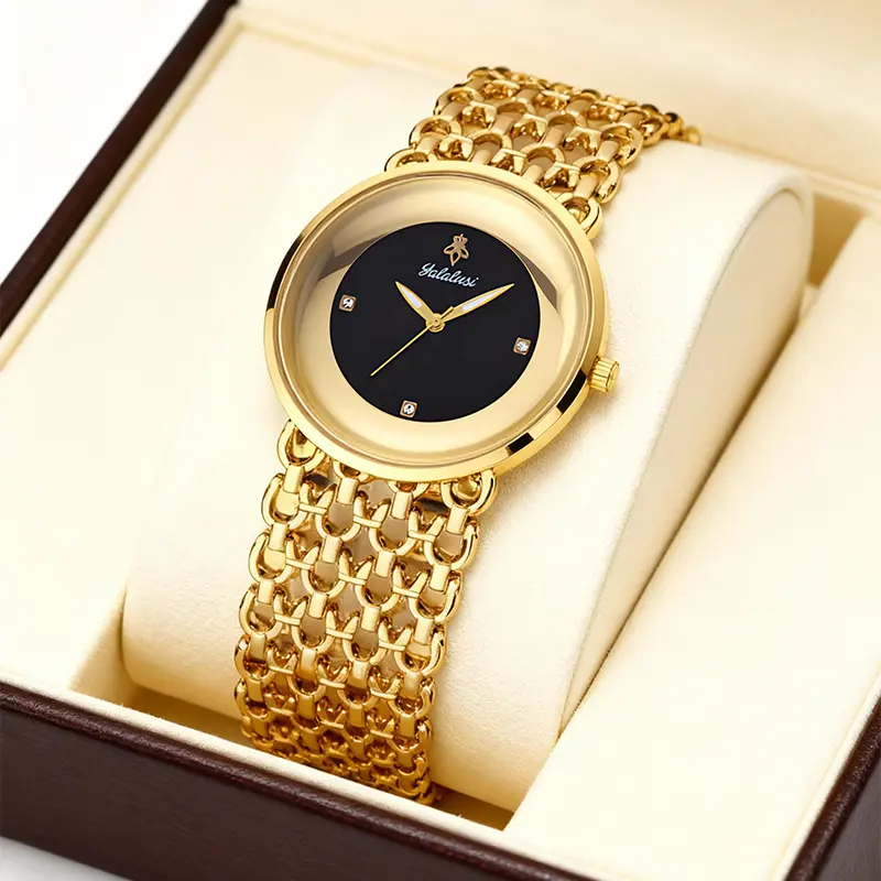 Luxury Round Bracelet Watch    Fashionable Women's Wristwatch Gold Black Dual Color Options Waterproof Free Size Adjustment Suitable for Daily Wear