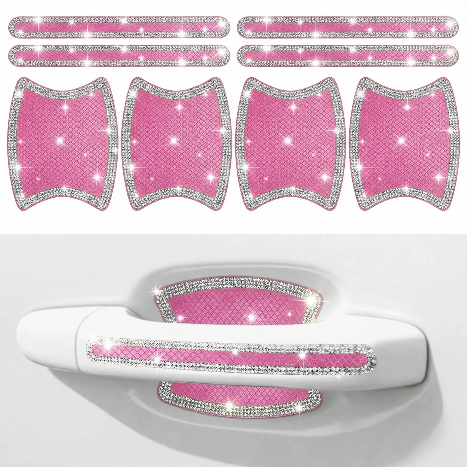 Women's 8-Piece Pink Bling Rhinestone Car Door Handle Stickers, Sparkling Crystal Horizontal Strip Protector, Peel & Stick Universal Glitter Car Exterior Scratch Guard Decals