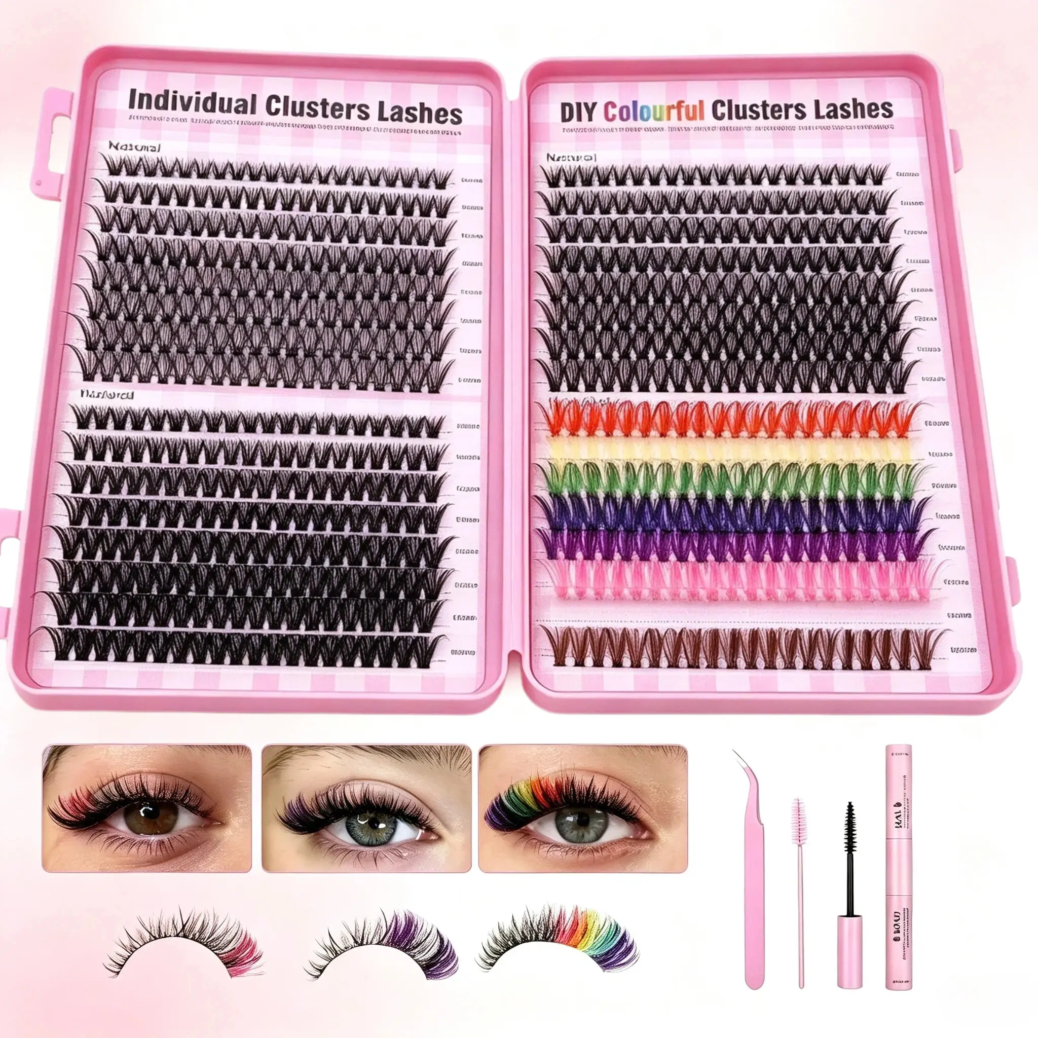 640Pcs High Capacity DIY Cluster Lash Kit 4 Styles Mixed Length Wispy Mink Lashes Black & Rainbow Individual Lash Extensions Salon Quality At Home Lashes Natural Dense Anime Spiky Lashes for Daily Festival Clean Girl Makeup Beginners false eyelash