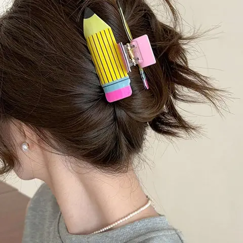 Women's Pencil Shape Hair Clip Claw Clip Acrylic Fun Cartoon Headband Cute Shark Clasp Colorful Puzzle Hair Accessory for Daily Use Valentine's Gift Decorative Hair Clips