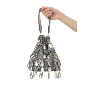 Keisha Drawstring Bag | Handmade Beaded Evening Bucket Bag in Champagne Grey