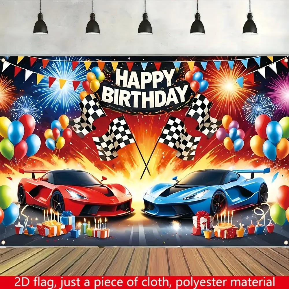 Cartoon Race Car Birthday Theme 2D Flat Decorative Banner, Polyester Material, Metal Grommets, Blue Race Cars Balloons, Party Decorations